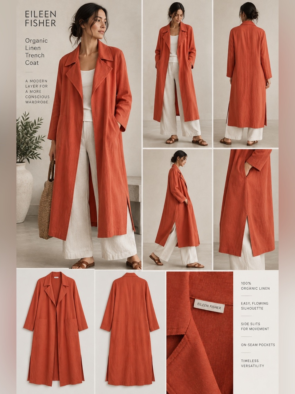 Eileen Fisher Organic Linen Trench Coat Burnt Orange Rust Size L